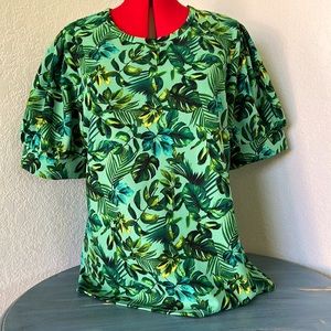Worthington Green Palm Blouse with Banded Sleeves. 1X. EUC.